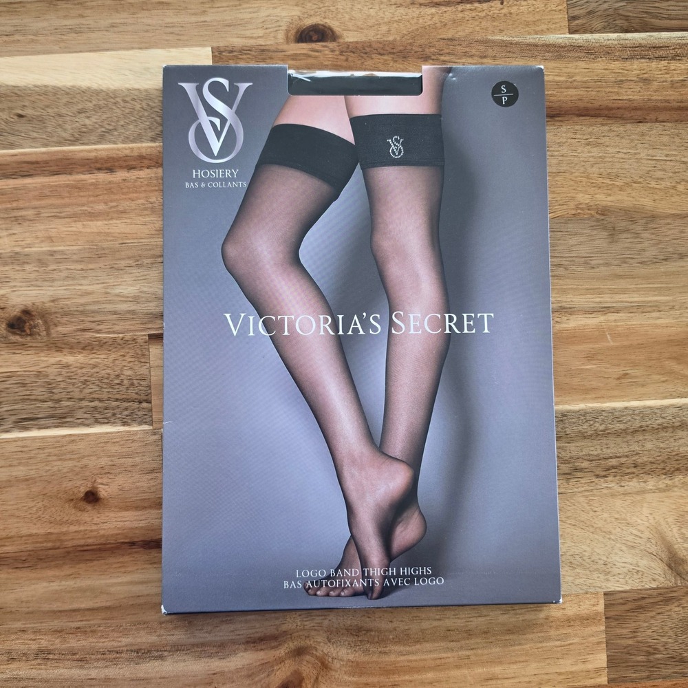 Victorias Secret Black Crystal Logo Band Thigh Highs 20 Denier Stockings S NWT